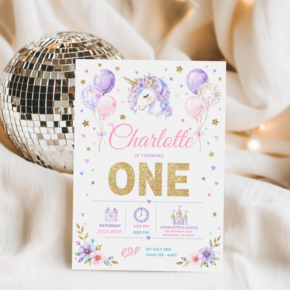 Pastel Unicorn 1st Birthday Invitation
