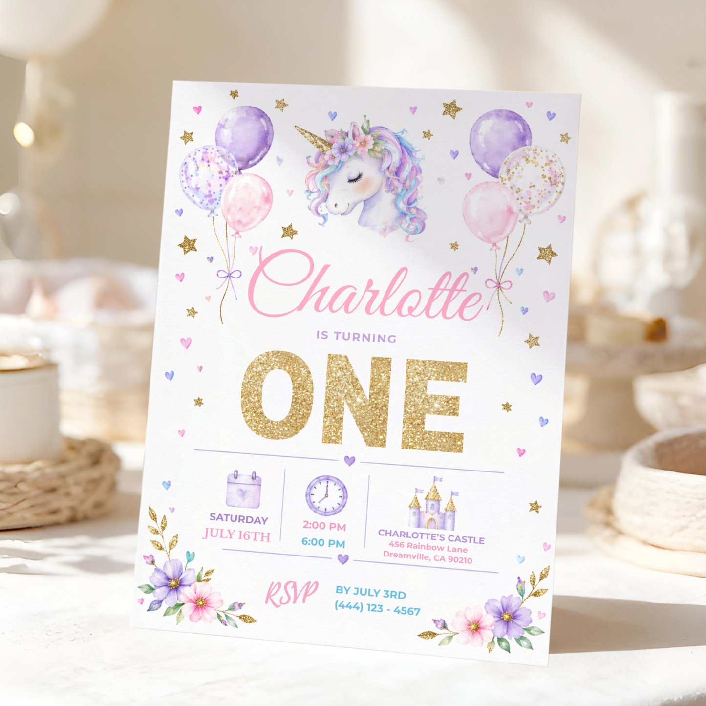 Pastel Unicorn 1st Birthday Invitation