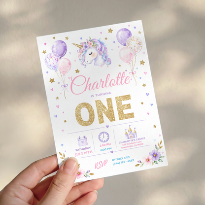 Pastel Unicorn 1st Birthday Invitation