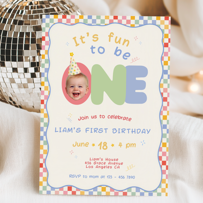 Fun To Be One Retro 1st Birthday Invitation