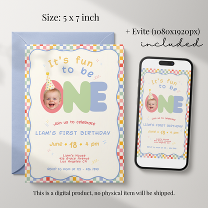 Fun To Be One Retro 1st Birthday Invitation