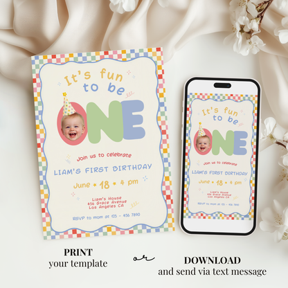Fun To Be One Retro 1st Birthday Invitation