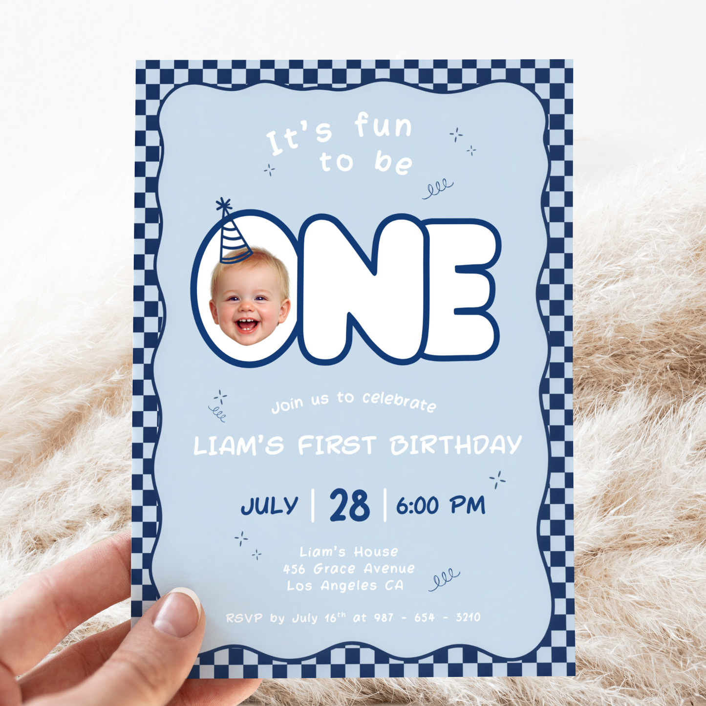 Fun To Be One Blue 1st Birthday Invitation