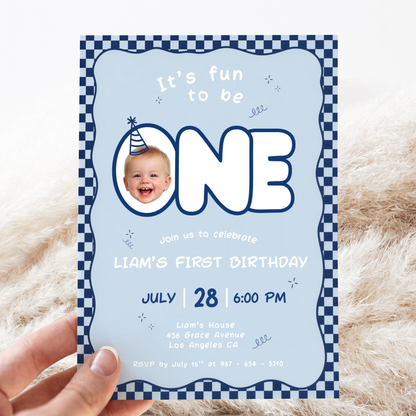 Fun To Be One Blue 1st Birthday Invitation