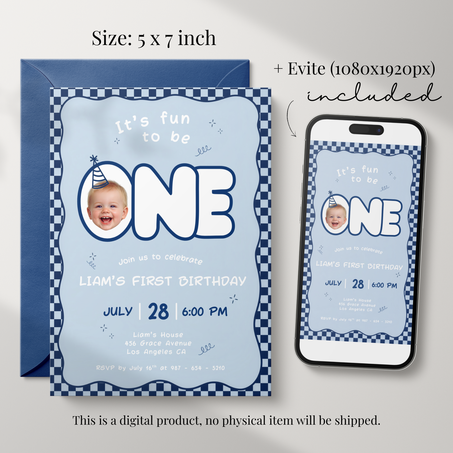 Fun To Be One Blue 1st Birthday Invitation