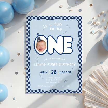 Fun To Be One Blue 1st Birthday Invitation
