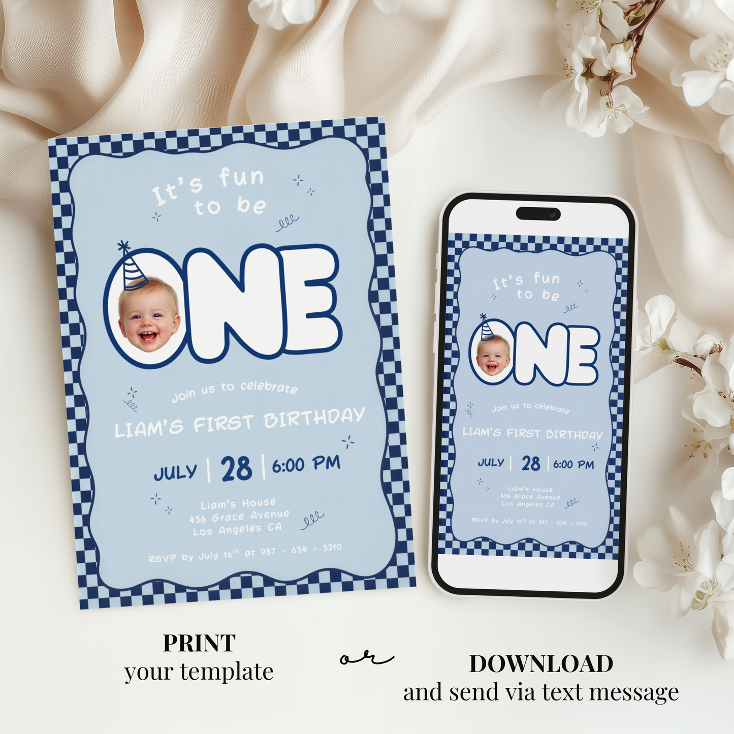 Fun To Be One Blue 1st Birthday Invitation