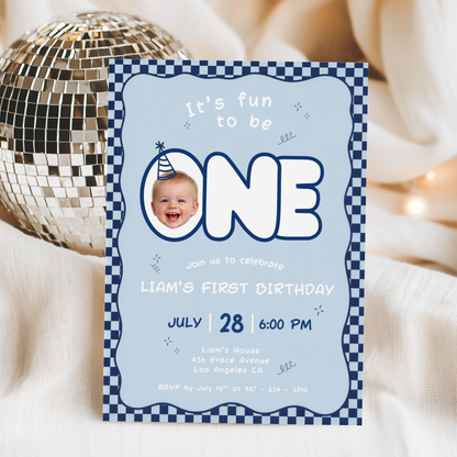 Fun To Be One Blue 1st Birthday Invitation