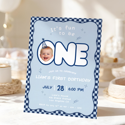 Fun To Be One Blue 1st Birthday Invitation