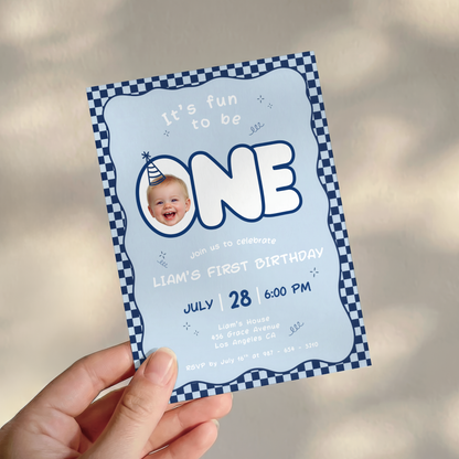 Fun To Be One Blue 1st Birthday Invitation