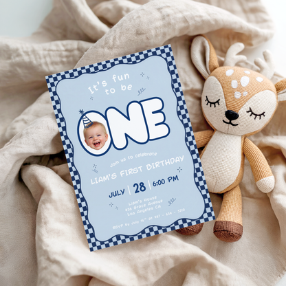 Fun To Be One Blue 1st Birthday Invitation