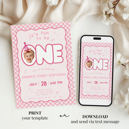 Fun To Be One Pink 1st Birthday Invitation