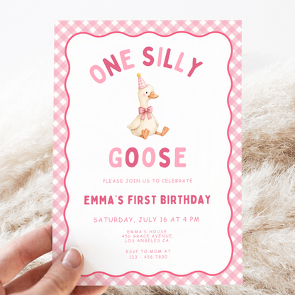 Pink One Silly Goose First Birthday Invitation