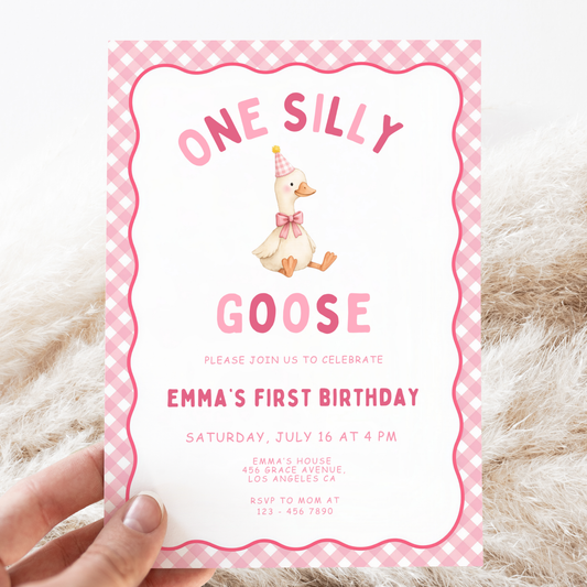 Pink One Silly Goose First Birthday Invitation