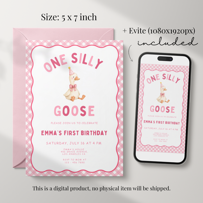 Pink One Silly Goose First Birthday Invitation