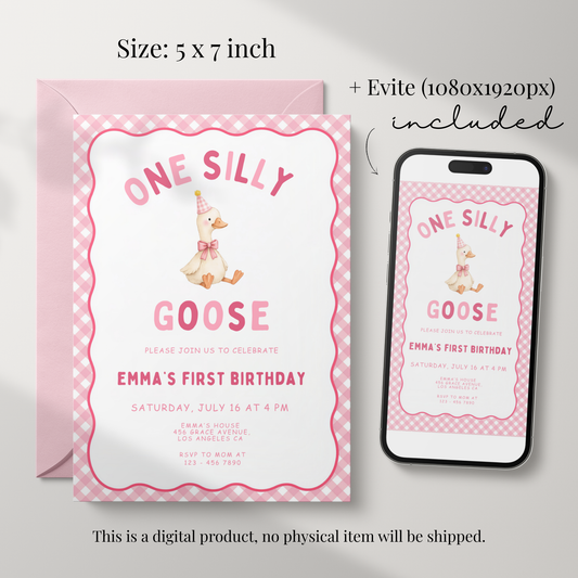 Pink One Silly Goose First Birthday Invitation