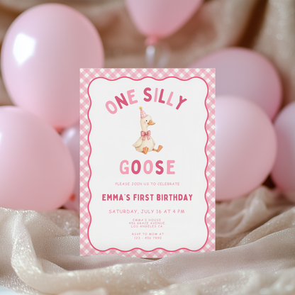 Pink One Silly Goose First Birthday Invitation