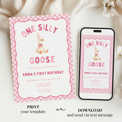Pink One Silly Goose First Birthday Invitation
