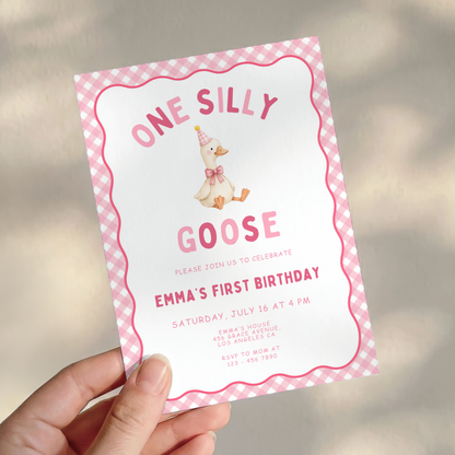 Pink One Silly Goose First Birthday Invitation