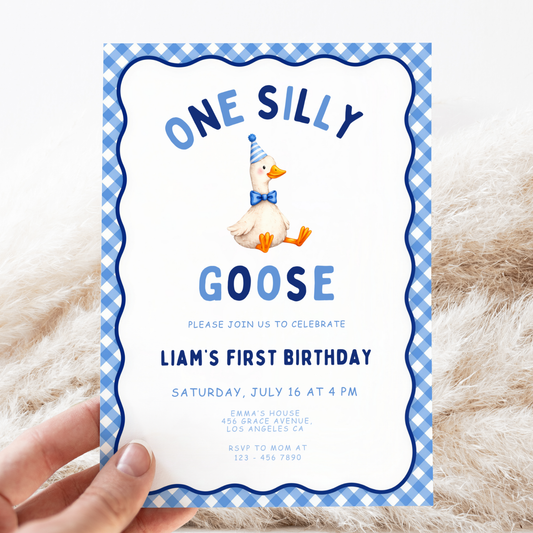 Blue One Silly Goose First Birthday Invitation