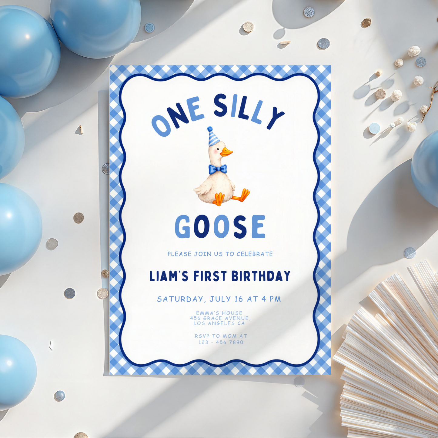 Blue One Silly Goose First Birthday Invitation