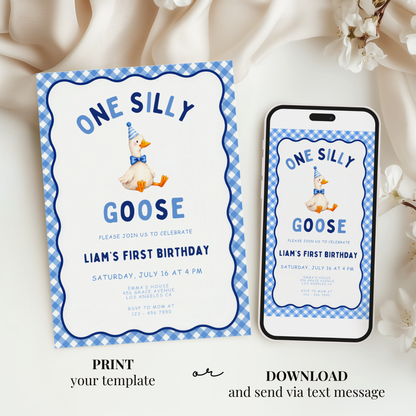 Blue One Silly Goose First Birthday Invitation