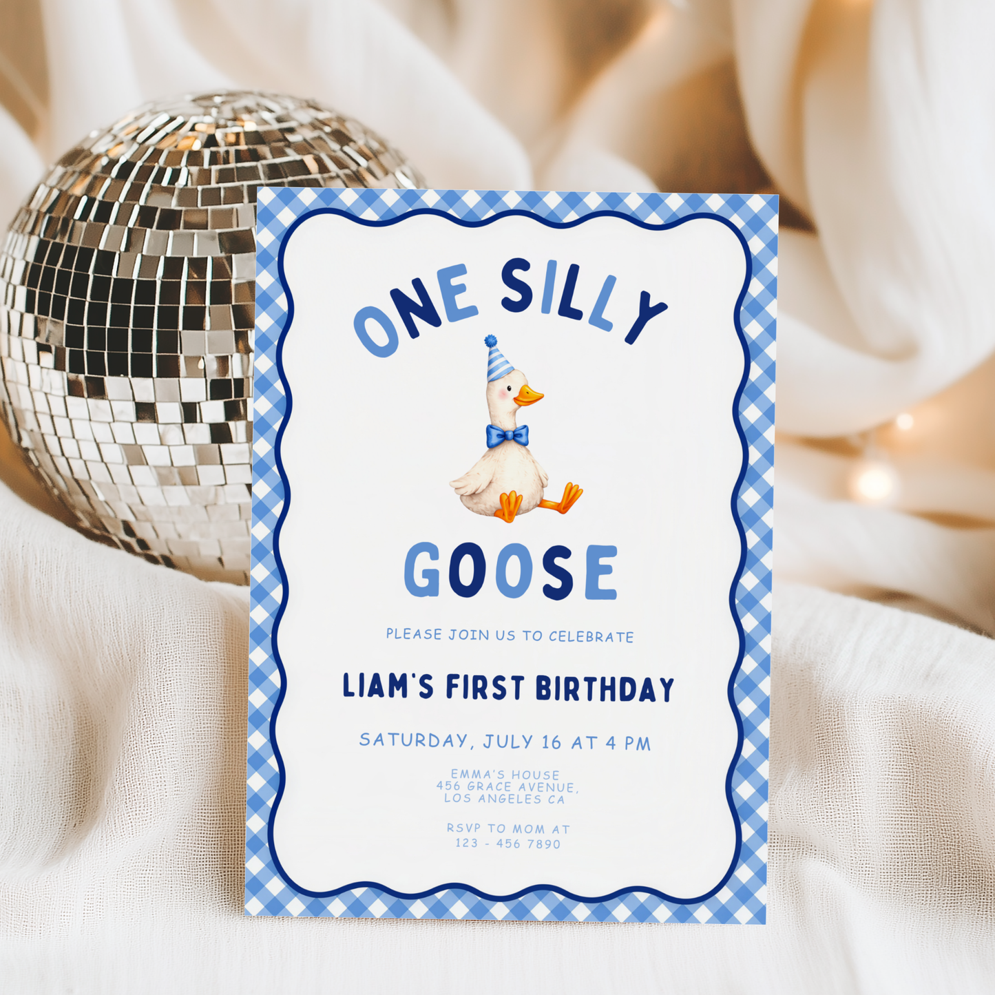 Blue One Silly Goose First Birthday Invitation