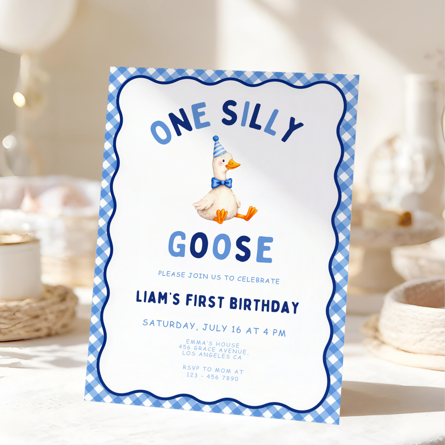 Blue One Silly Goose First Birthday Invitation