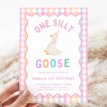 One Silly Goose First Birthday Invitation - Pastel Pink