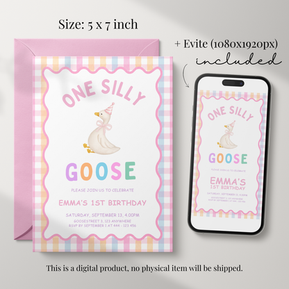 One Silly Goose First Birthday Invitation - Pastel Pink