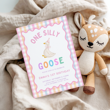 One Silly Goose First Birthday Invitation - Pastel Pink