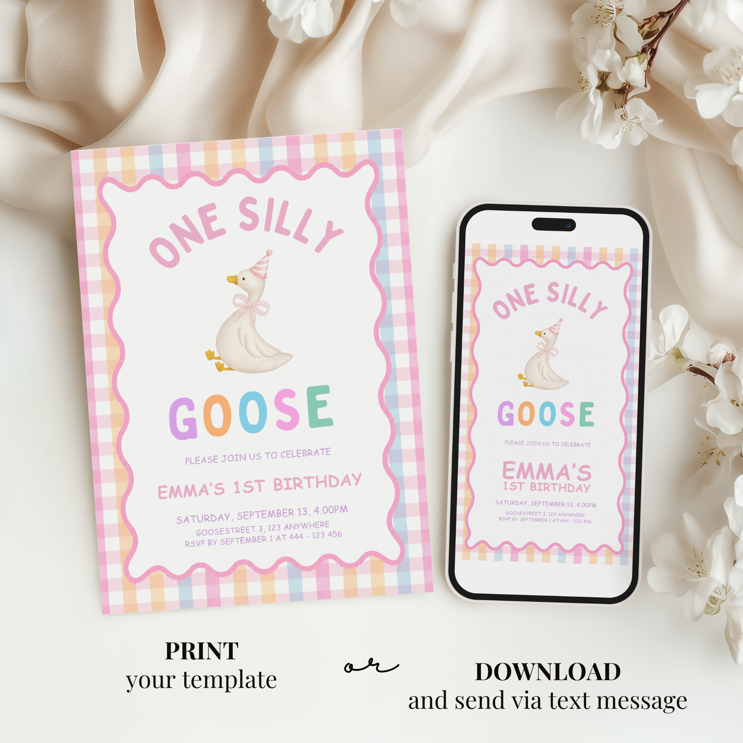 One Silly Goose First Birthday Invitation - Pastel Pink