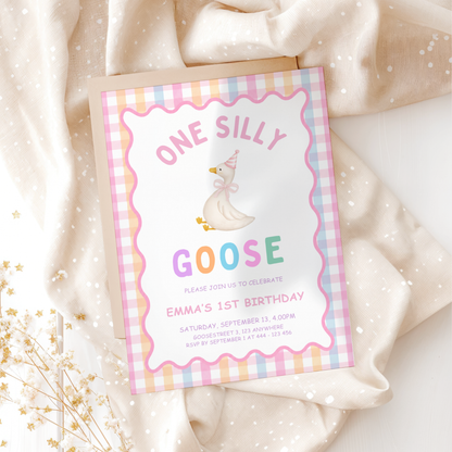 One Silly Goose First Birthday Invitation - Pastel Pink