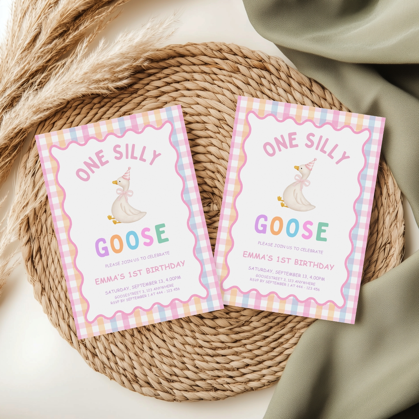 One Silly Goose First Birthday Invitation - Pastel Pink