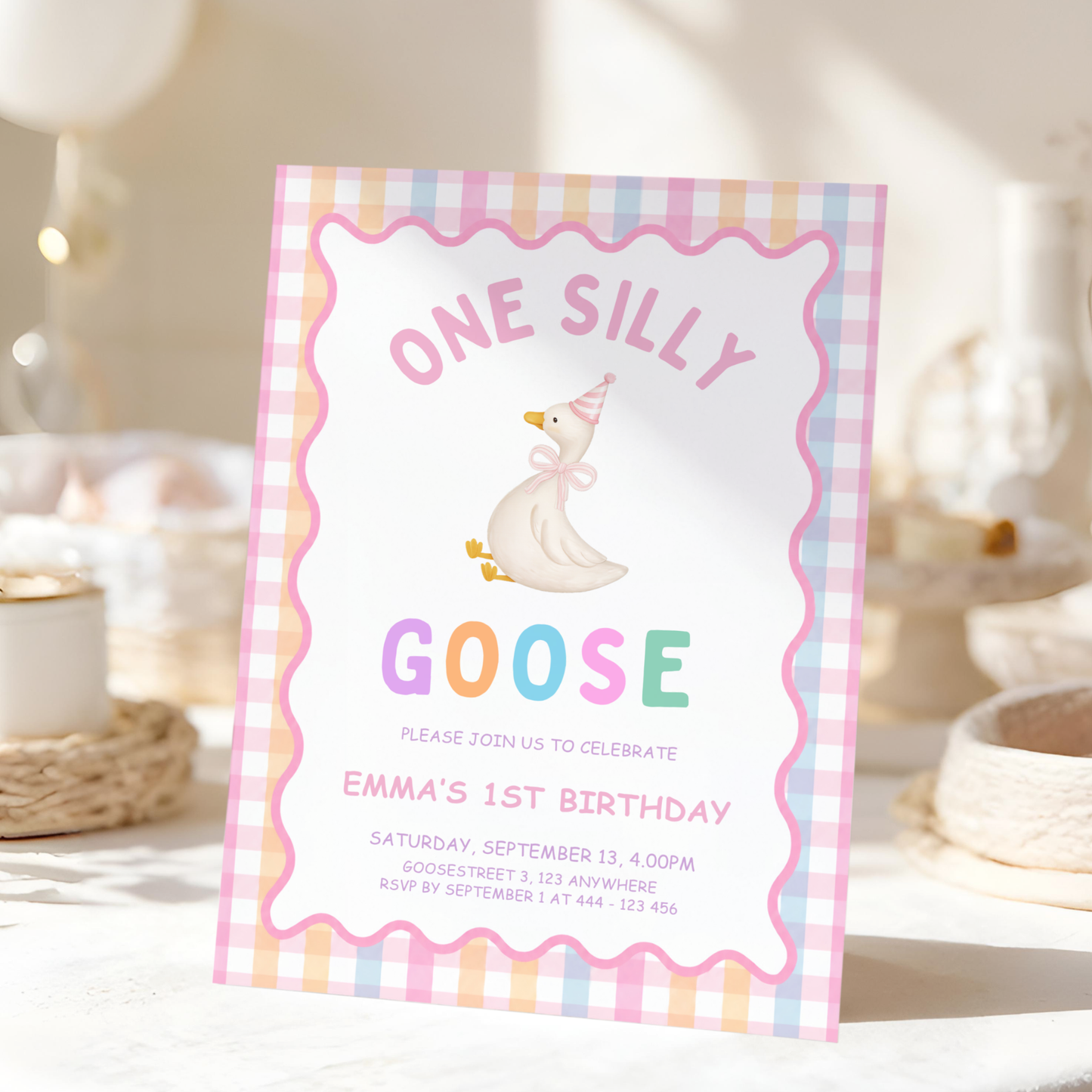 One Silly Goose First Birthday Invitation - Pastel Pink