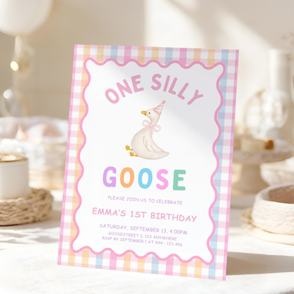 One Silly Goose First Birthday Invitation - Pastel Pink