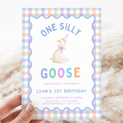One Silly Goose First Birthday Invitation - Pastel Blue