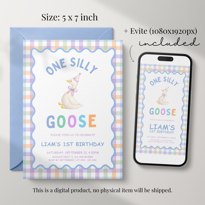 One Silly Goose First Birthday Invitation - Pastel Blue