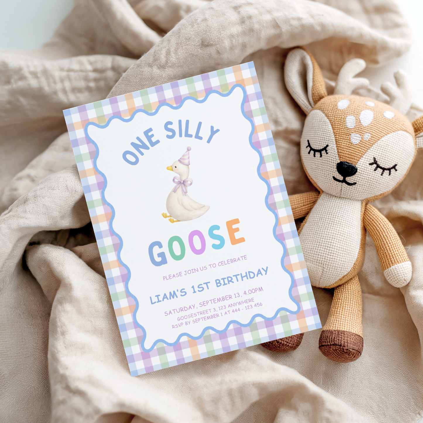 One Silly Goose First Birthday Invitation - Pastel Blue