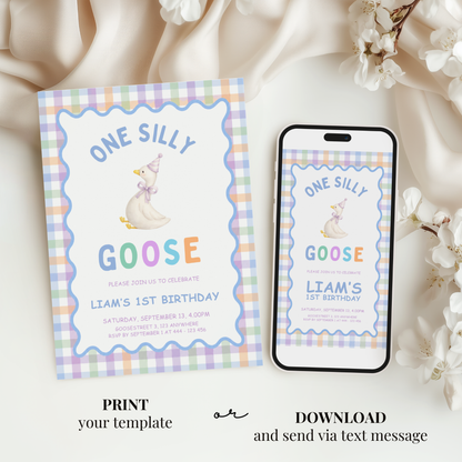 One Silly Goose First Birthday Invitation - Pastel Blue