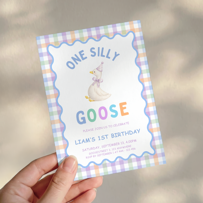 One Silly Goose First Birthday Invitation - Pastel Blue