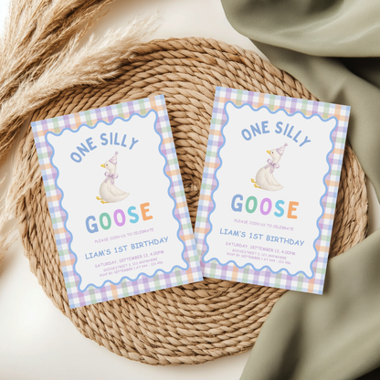 One Silly Goose First Birthday Invitation - Pastel Blue