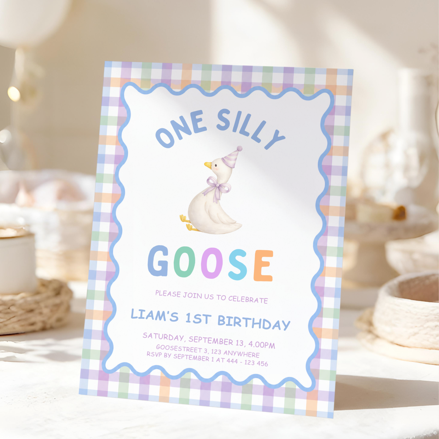 One Silly Goose First Birthday Invitation - Pastel Blue