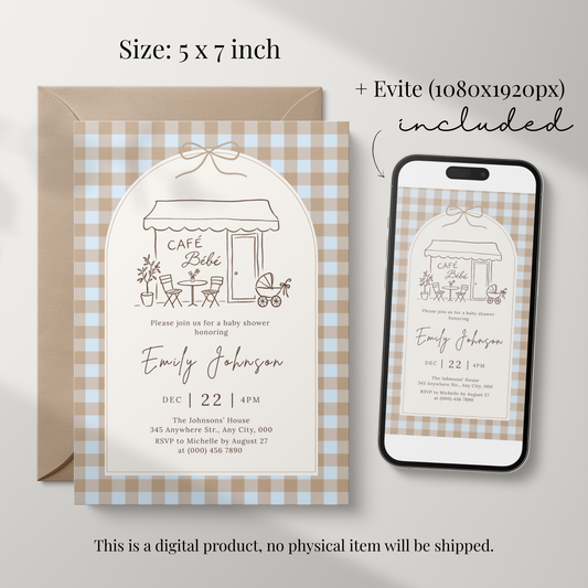 Café Bébé blue gingham coffee baby shower invitation template – preview 2