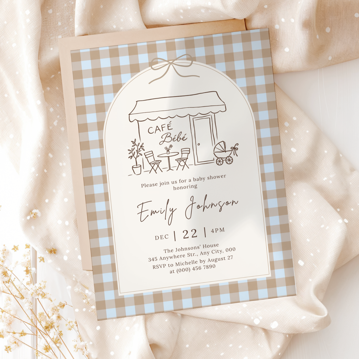 Café Bébé blue gingham coffee baby shower invitation template – preview 3
