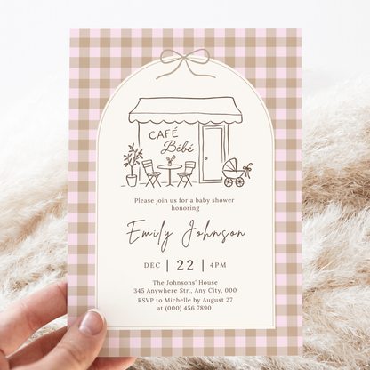 Café Bébé pink gingham coffee baby shower invitation template