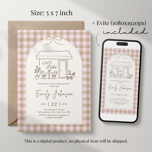 Café Bébé pink gingham coffee baby shower invitation template – preview 2