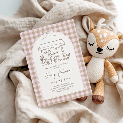 Café Bébé pink gingham coffee baby shower invitation template – preview 3
