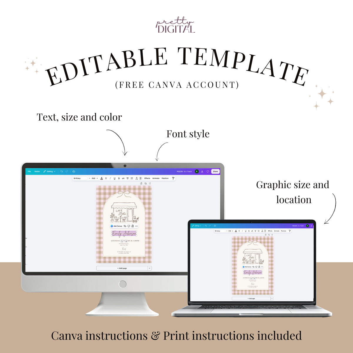Café Bébé pink gingham coffee baby shower invitation template – preview 4