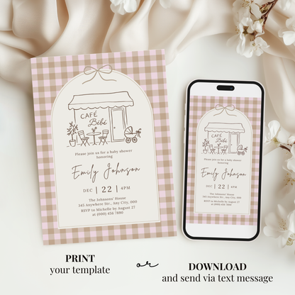 Café Bébé pink gingham coffee baby shower invitation template – preview 5